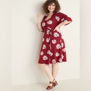 Old Navy Fit & Flare Faux-Wrap Midi Dress V-Neck 3/4 Sleeve 2X